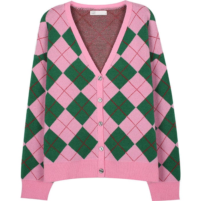 Green Pink Argyle Pattern Cardigan - Cardigan