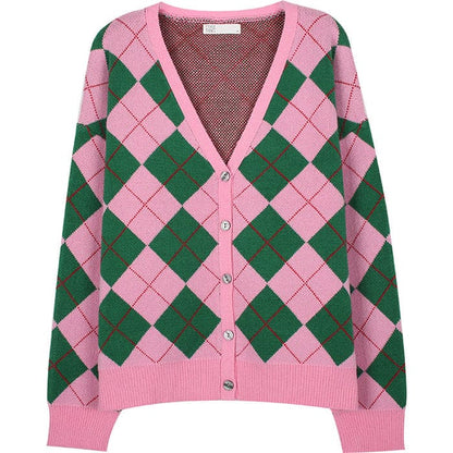 Green Pink Argyle Pattern Cardigan - Cardigan