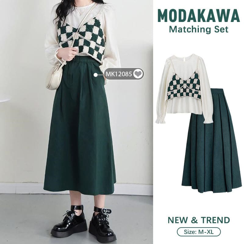 Green Plaid Vest Chiffon Shirt Pleated Skirt Set