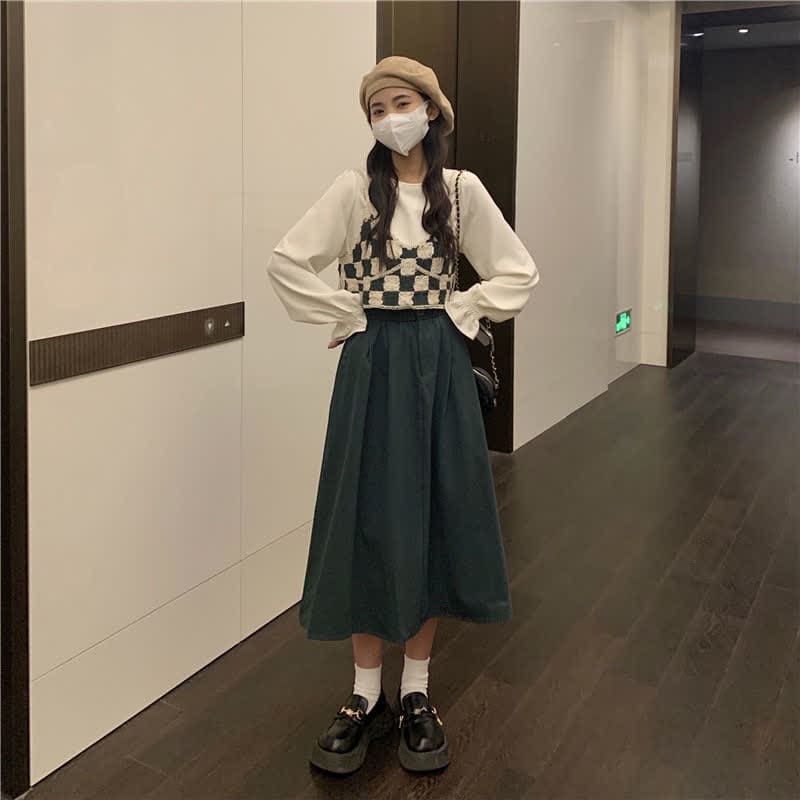 Green Plaid Vest Chiffon Shirt Pleated Skirt Set