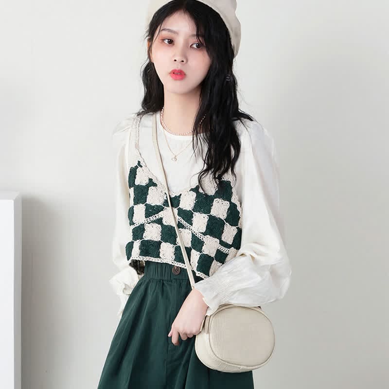 Green Plaid Vest Chiffon Shirt Pleated Skirt Set