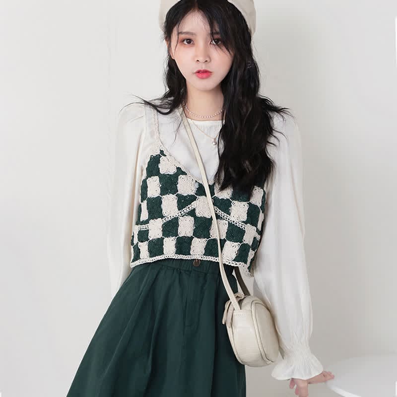 Green Plaid Vest Chiffon Shirt Pleated Skirt Set