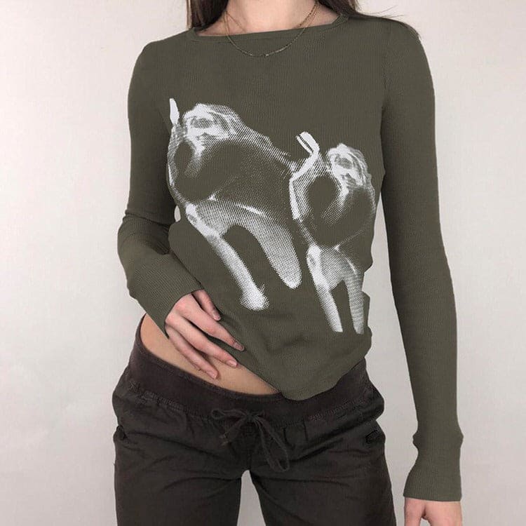 Green Print Long Sleeve Top - T-Shirts