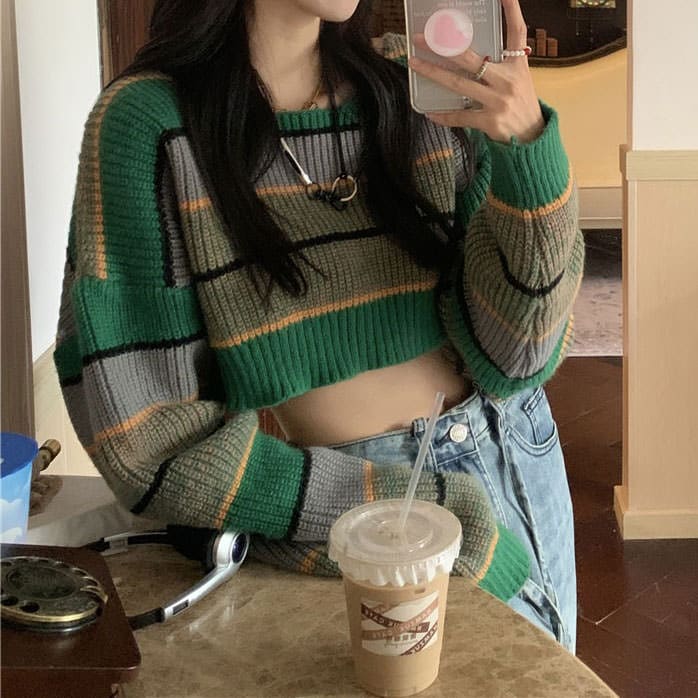 Green Stripe Crop Sweater - Free Size / Green - Sweater