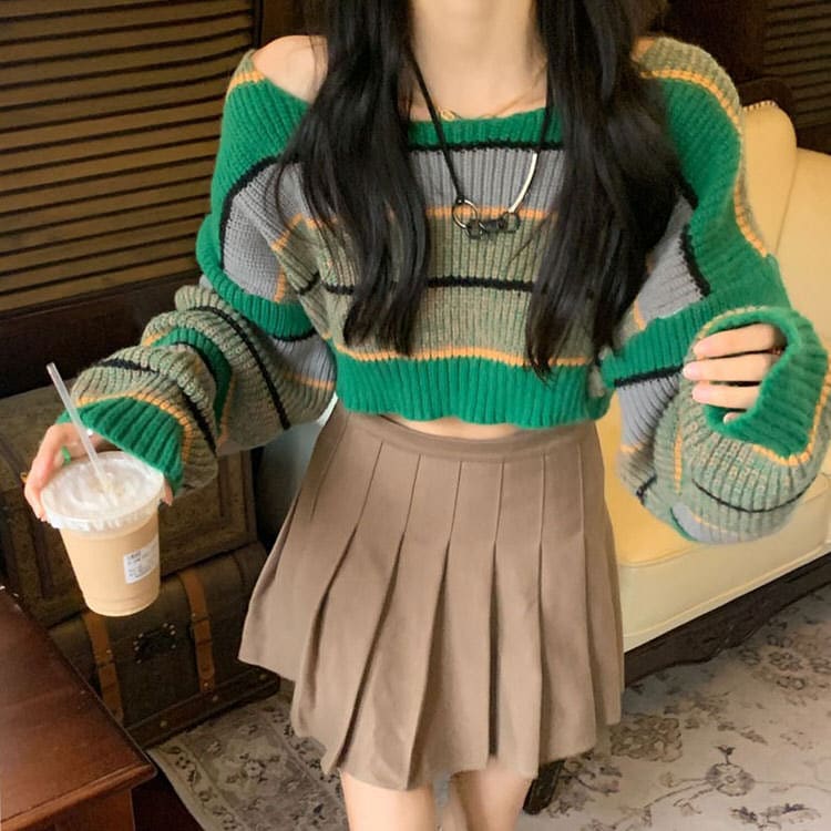 Green Stripe Crop Sweater - Free Size / Green - Sweater