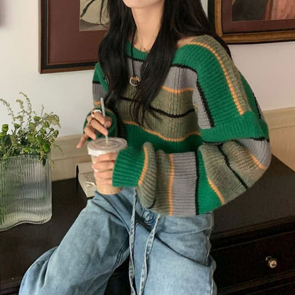 Green Stripe Crop Sweater - Free Size / Green - Sweater