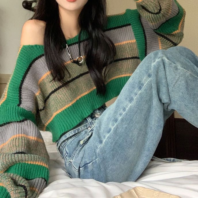 Green Striped Crop Sweater - Free Size / Green - Sweater