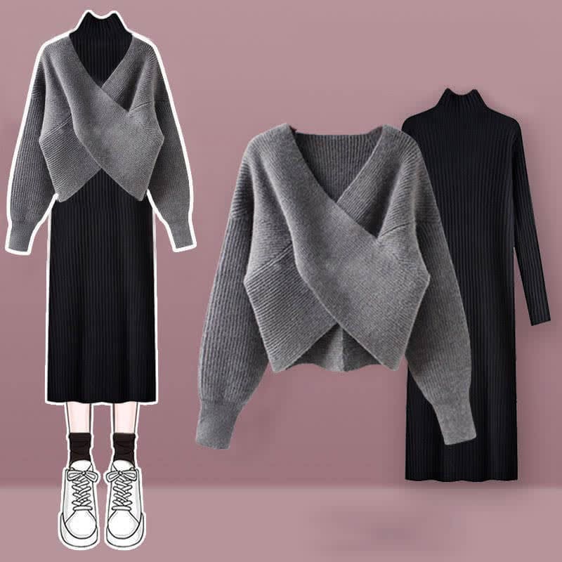 Grey Black Cross Knit Sweater Dress Set - Set C / XL