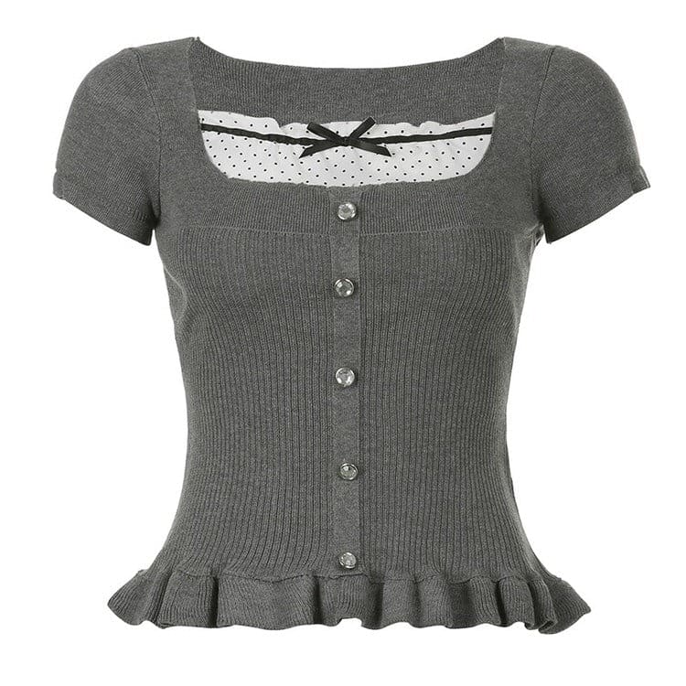 Grey Dot Rib Top - S / Grey - Tops