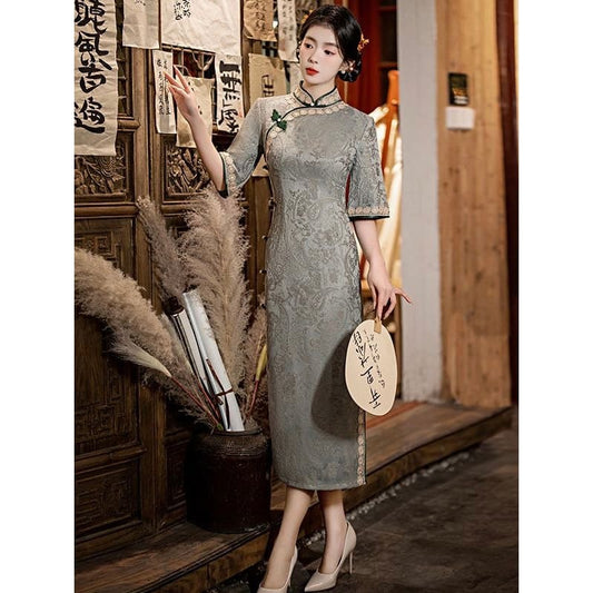 Grey Knotted Mid Sleeve Cheongsam - S / Wide Sleeve