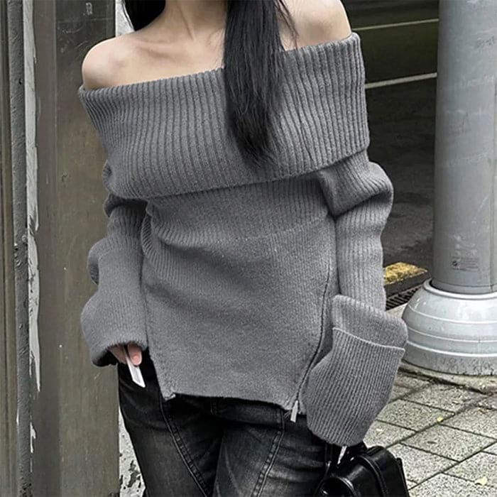 Grey Off Shoulder Knit Sweater - Sweater