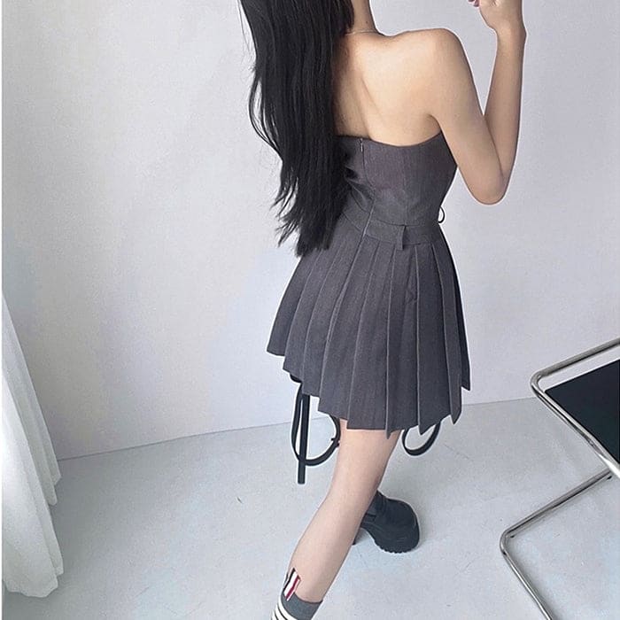 Grey Pleated Mini Dress - Dresses