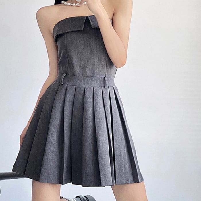 Grey Pleated Mini Dress - Dresses