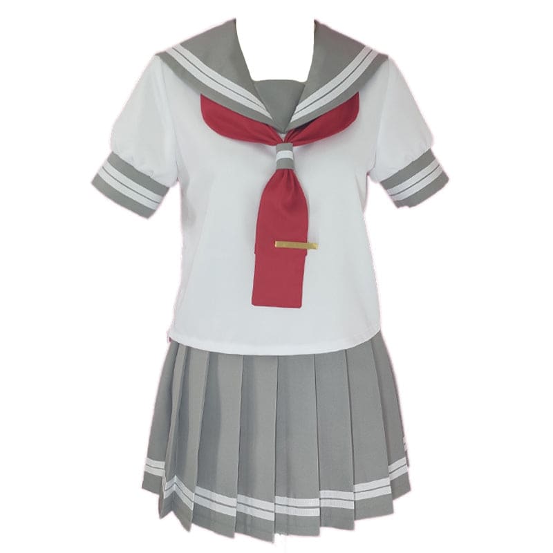 Grey Sailor Collar T-Shirt Tie Pleated Skirt Set - Gray / S