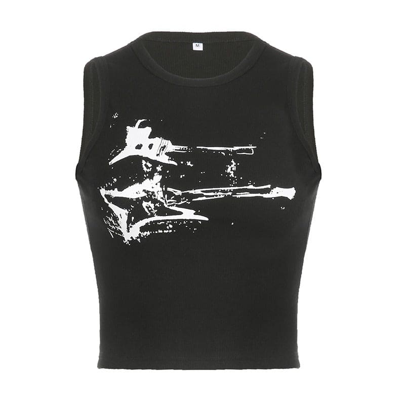 Guitar Print Ribbed Top - S / Black - Tops