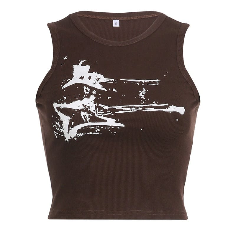 Guitar Print Ribbed Top - S / Brown - Tops