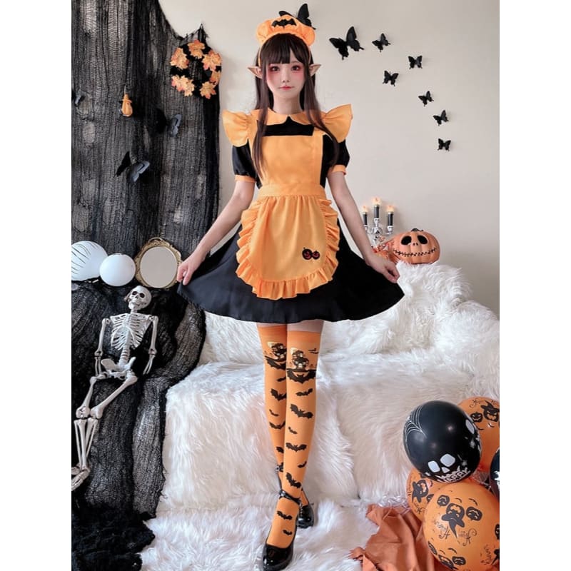 Halloween Black and Orange Pumpkin Maid Dress Costume