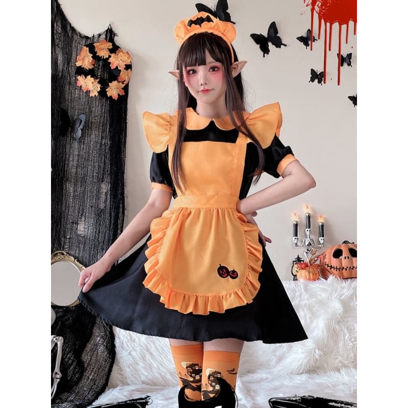 Halloween Black and Orange Pumpkin Maid Dress Costume