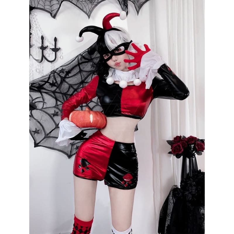 Halloween Black Red Cropped Clown Costume Top and Shorts