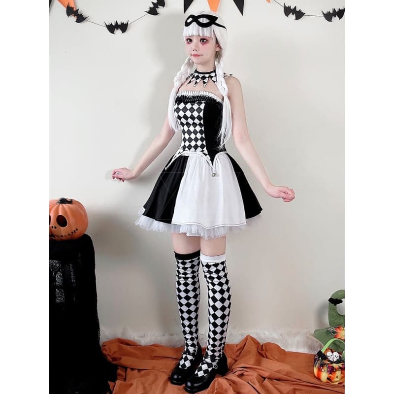 Halloween Black White Clown Costume Top and Skirt