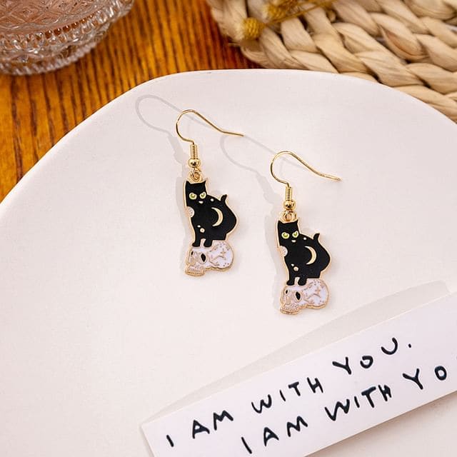 Halloween Cat Drop Earring - 1 Pair - E5864-4 - Black &