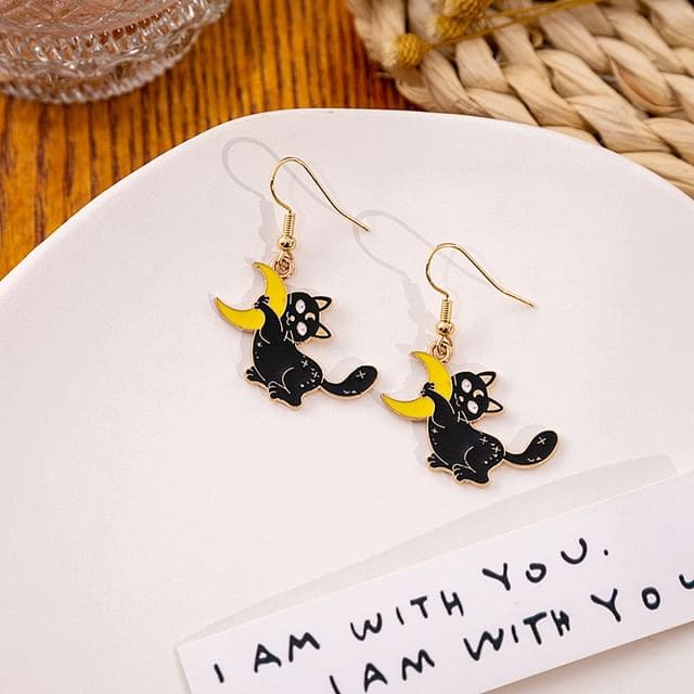 Halloween Cat Drop Earring - 1 Pair - E5864-6 - Black &