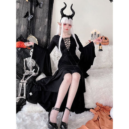 Halloween Costume Black Wide Bat Sleeves Witch Dress