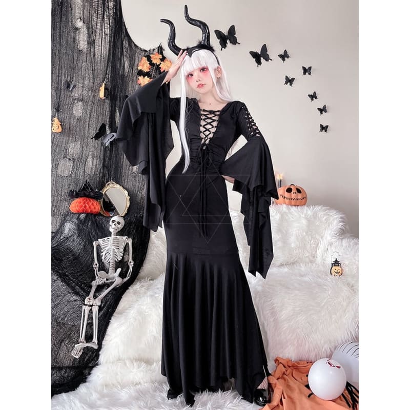 Halloween Costume Black Wide Bat Sleeves Witch Dress