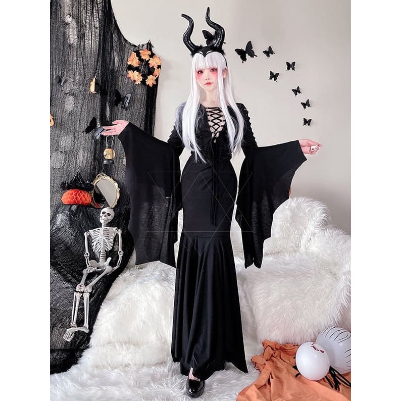 Halloween Costume Black Wide Bat Sleeves Witch Dress