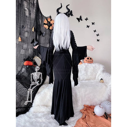 Halloween Costume Black Wide Bat Sleeves Witch Dress