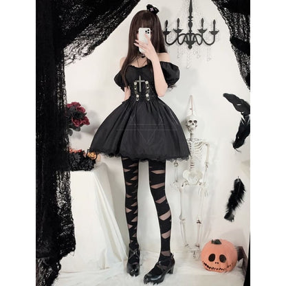 Halloween Dark Black Puff Sleeves Dress Costume