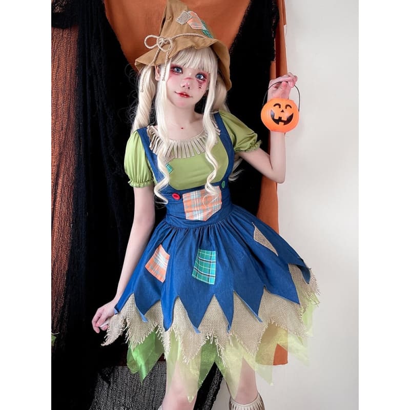 Halloween Green Blouse and Blue Dress Scarecrow Costume