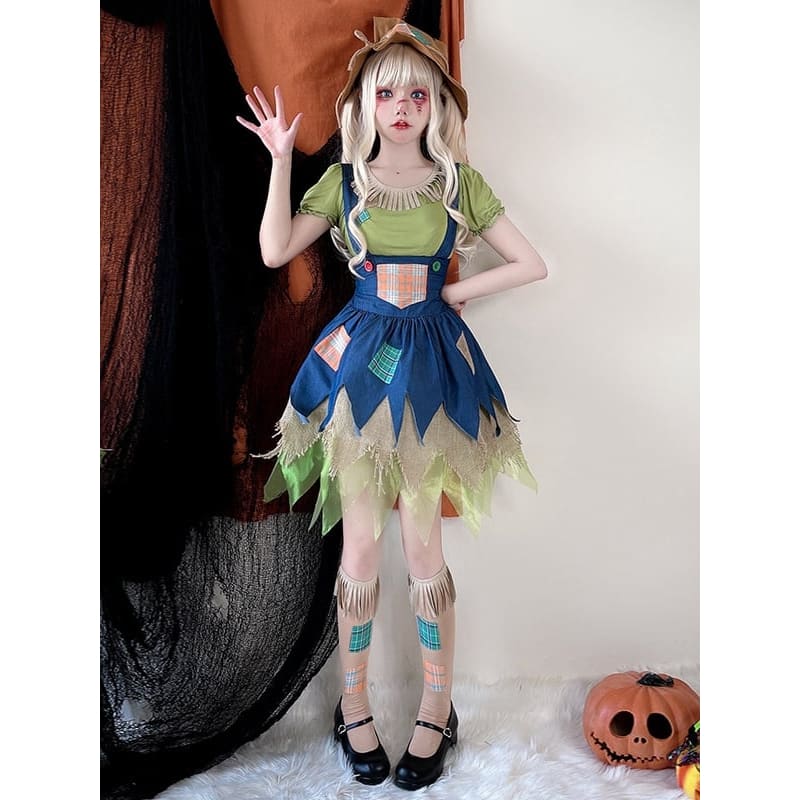 Halloween Green Blouse and Blue Dress Scarecrow Costume