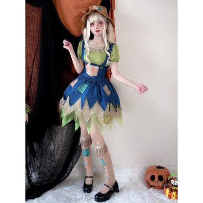 Halloween Green Blouse and Blue Dress Scarecrow Costume