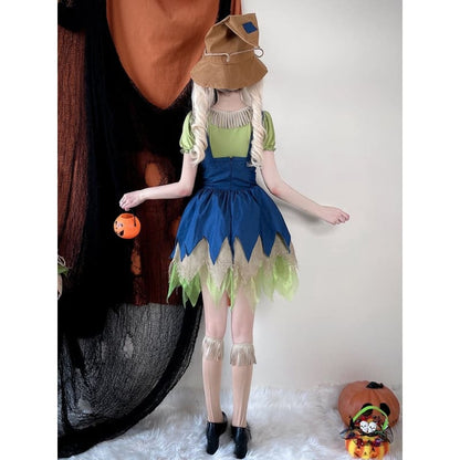 Halloween Green Blouse and Blue Dress Scarecrow Costume