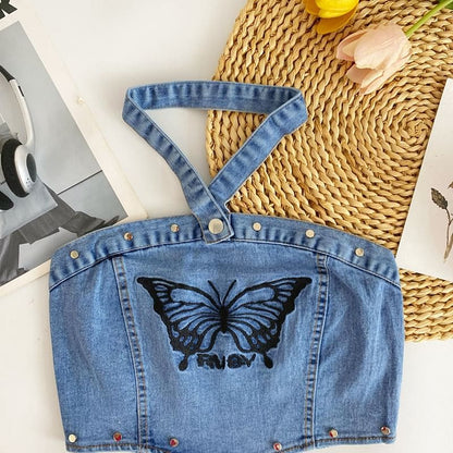 Halter Butterfly Embroidered Washed Panel Crop Denim Top