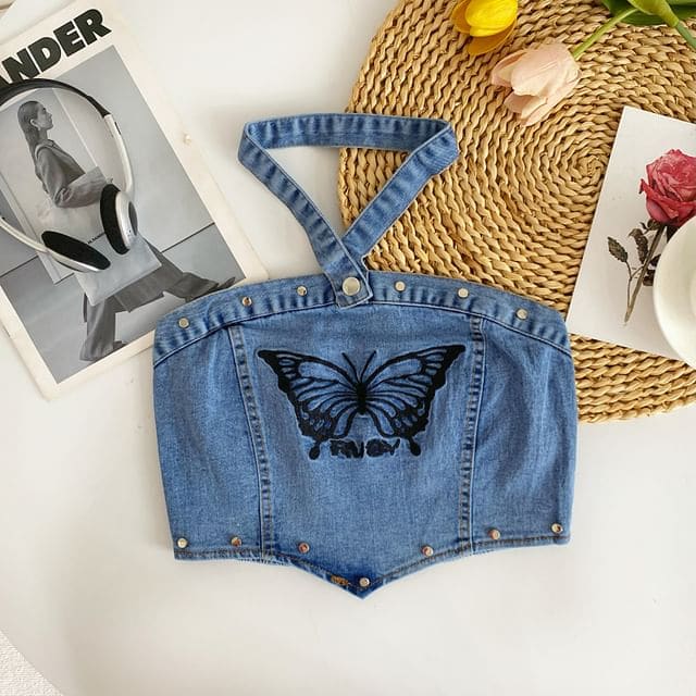 Halter Butterfly Embroidered Washed Panel Crop Denim Top