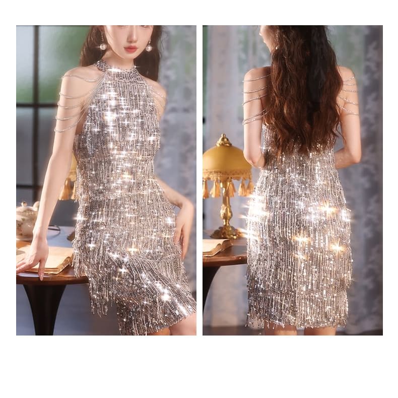 Halter Fringed Sequin Sheath Cocktail Dress