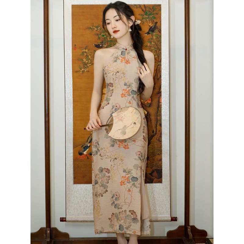 Halter-Neck Floral Print Midi Mermaid Dress / Puff-Sleeve