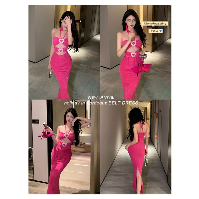 Halter-Neck Heart Ruffle Cutout Shirred Midi Bodycon Dress