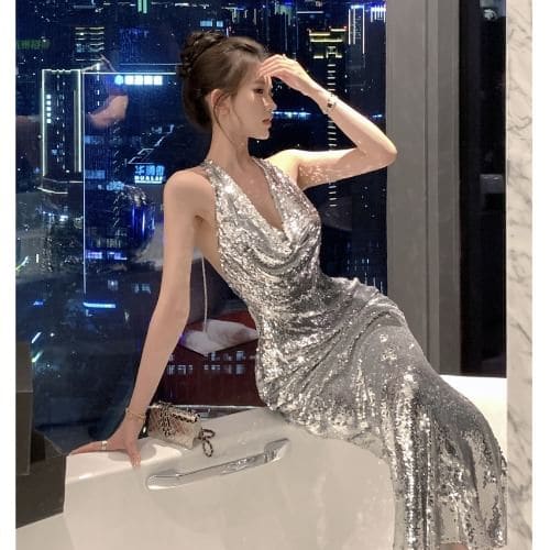 Halter Neck Plain Sequin Mermaid Evening Gown