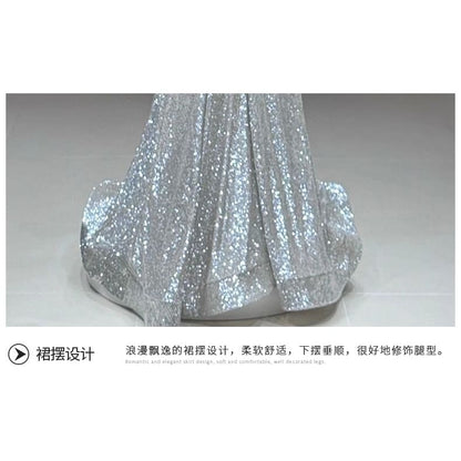 Halter-Neck Sequined Shirred A-Line Evening Gown / Fluffy