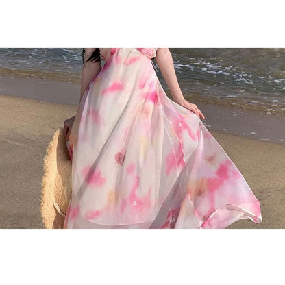 Halter Neck Tie Dye Floral Accent Cutout Open Back Maxi