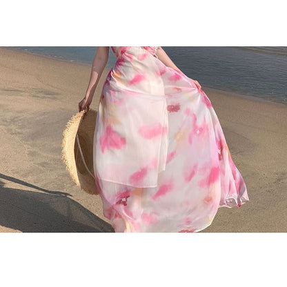 Halter Neck Tie Dye Floral Accent Cutout Open Back Maxi