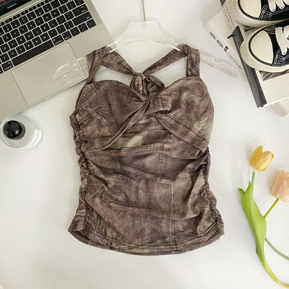 Halter Patterned Print Ruched Mesh Top - Army Green