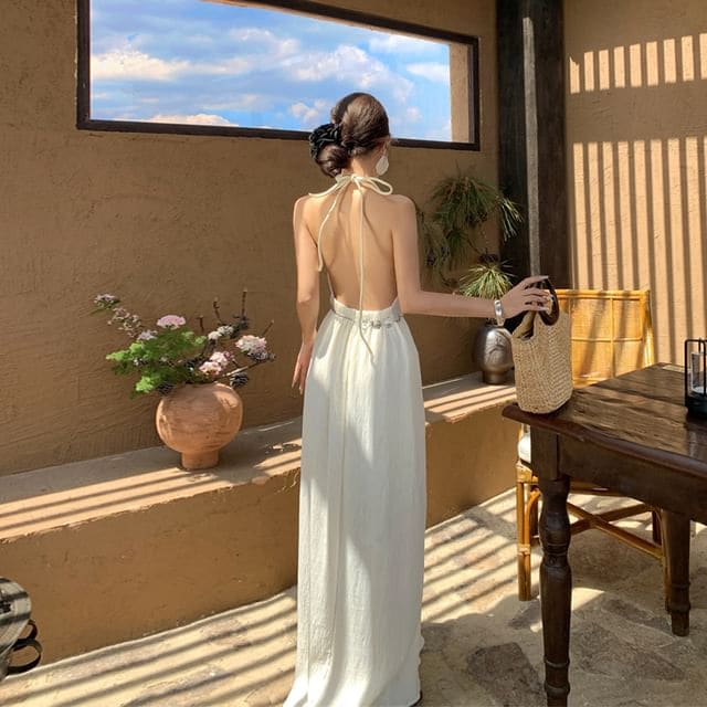 Halter Plain Maxi Sundress - Off-White / S