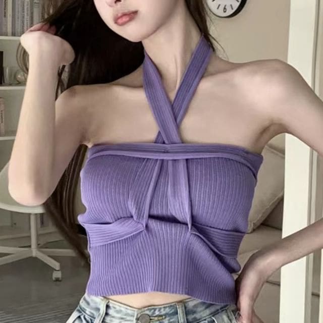 Halter Plain Ribbed Crop Knit Top - Purple / One Size