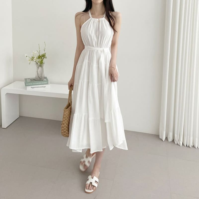 Halter Plain Tiered Midi A-Line Sundress