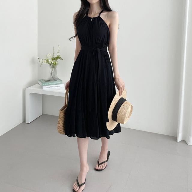 Halter Plain Tiered Midi A-Line Sundress - Black / One Size