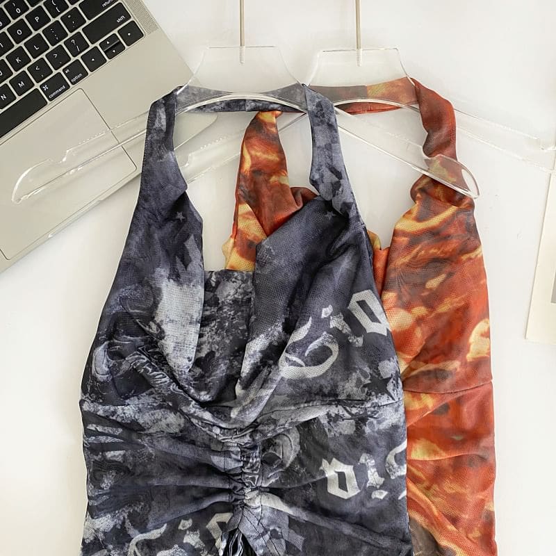 Halter Print Drawstring Mesh Tank Top